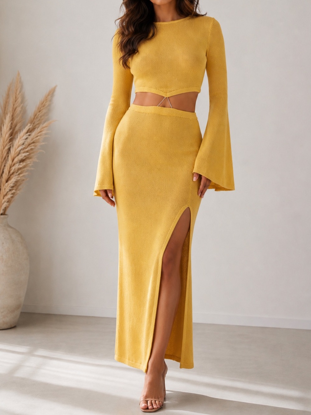 MESHKI Anna Vacation Flare Sleeve Knit Gold Hardware Cutout Maxi Skirt Set Dress